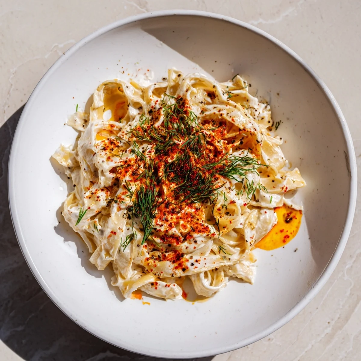 Steaming bowl of Turkish Pasta with paprika butter, garnished with fresh herbs and pepper.