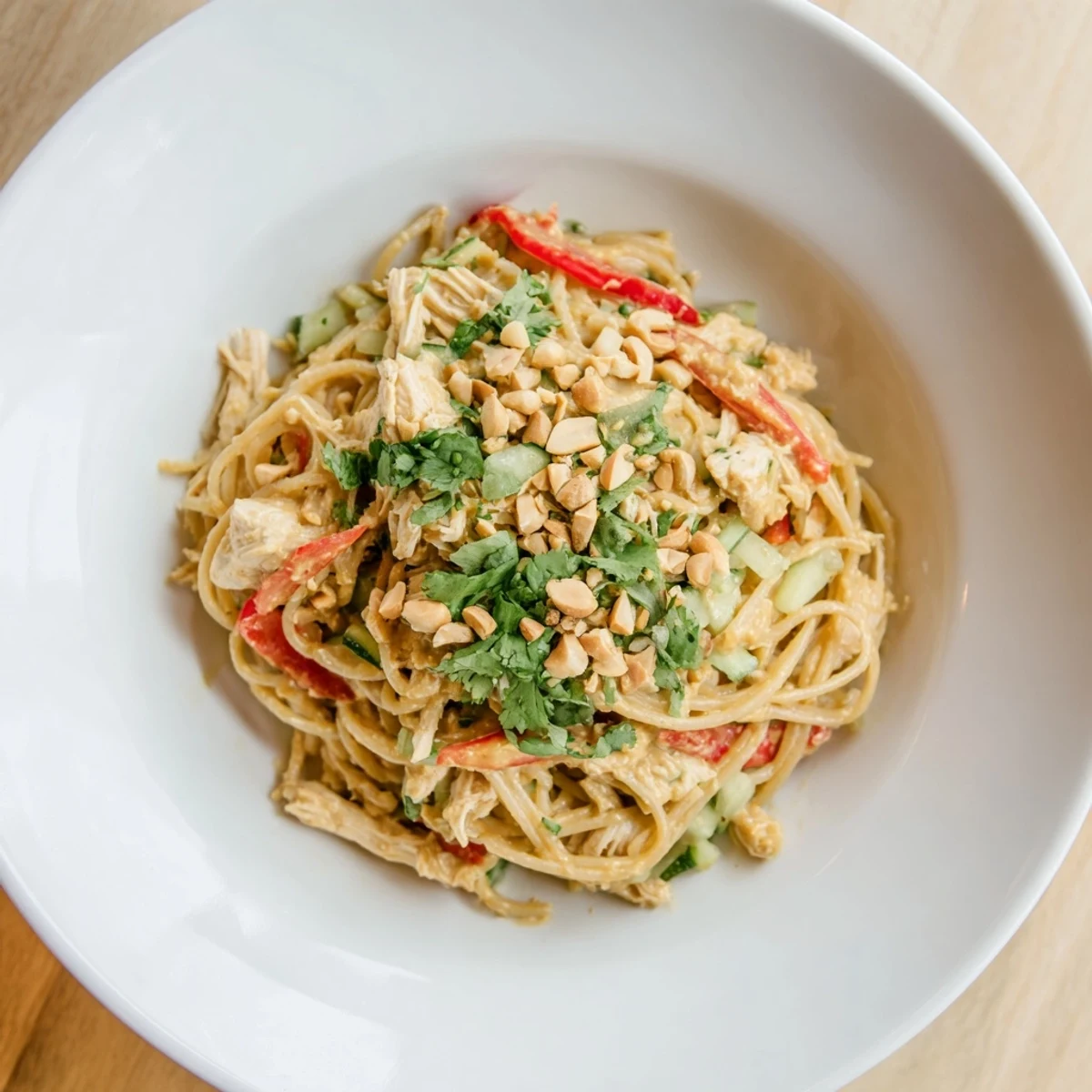 Chilled Thai-inspired peanut chicken pasta, offering a flavorful mix of noodles, veggies, and savory sauce.