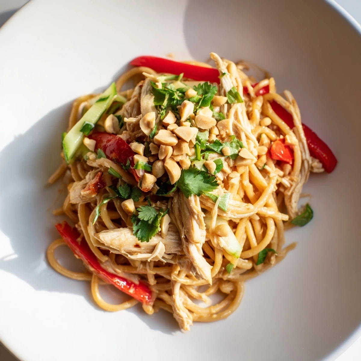 A bowl of delicious Thai-inspired peanut chicken pasta, showcasing tender chicken and fresh cilantro garnish.