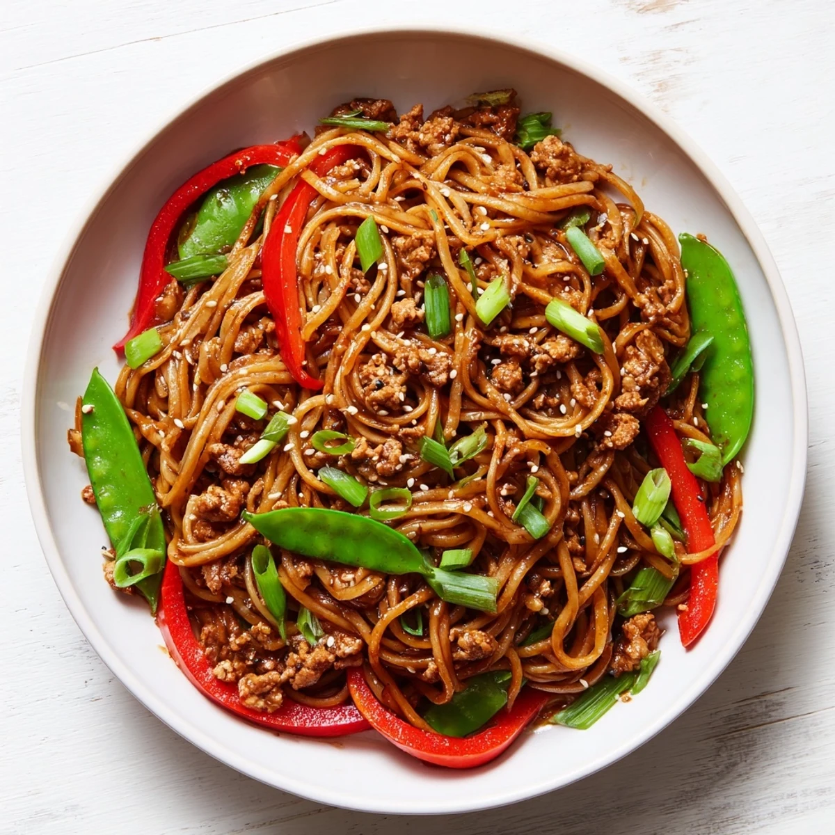 Steaming Sesame Hoisin Ground Chicken Pasta, a vibrant dish with glistening noodles and savory flavors.