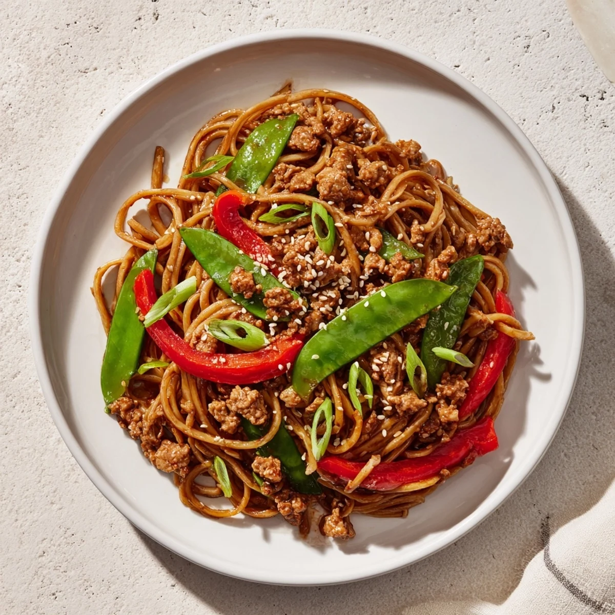 Tender ground chicken and vibrant vegetables shine in this flavorful Sesame Hoisin Ground Chicken Pasta.