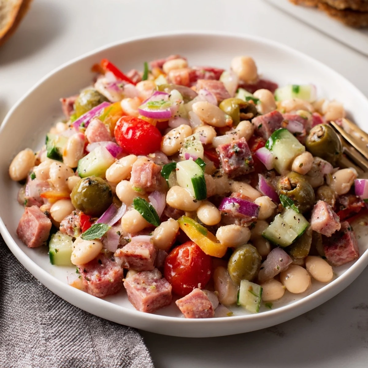 Vibrant Mediterranean Dense Bean Salad with salami, a colorful, hearty salad ready to enjoy.
