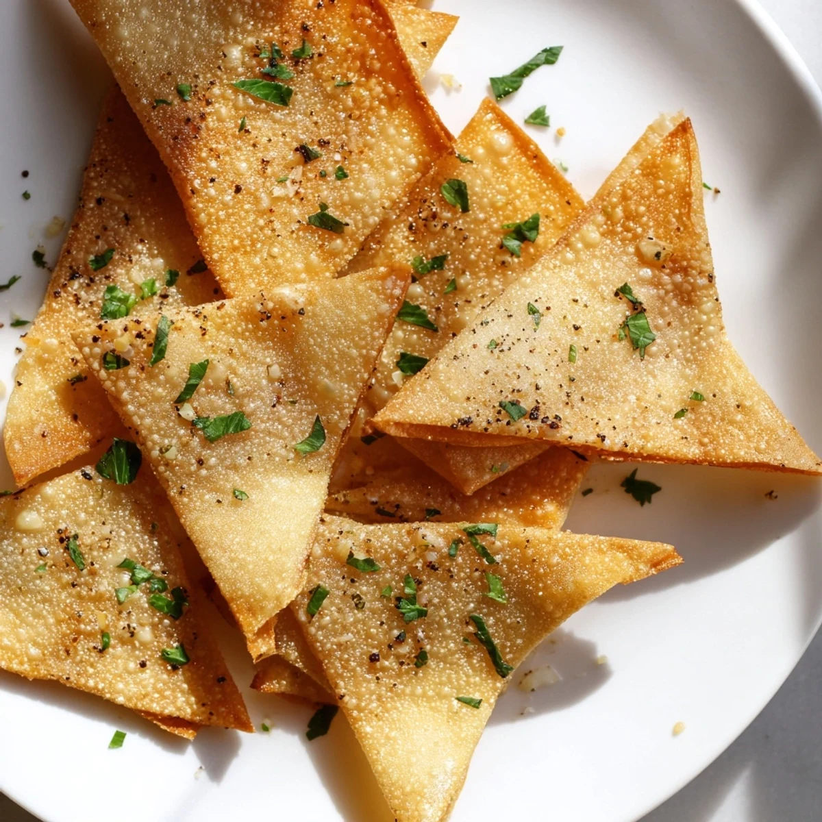 Golden, crunchy Crispy Garlic Lumpia Chips, perfectly seasoned and ready for dipping, a delightful snack.