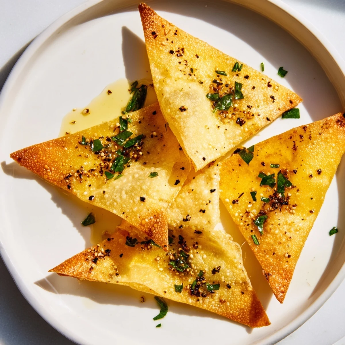 Air-fried Crispy Garlic Lumpia Chips, thin and crispy, with fragrant garlic oil and a sprinkling of fresh herbs.