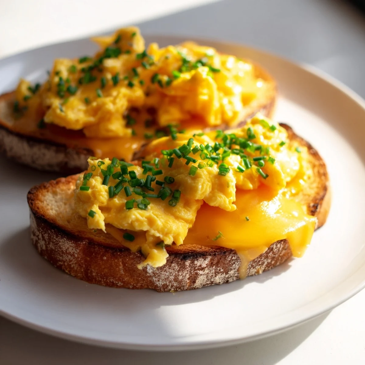 Fluffy, cooked eggs surround the toasted bread in a tempting One-Pan Egg Breakfast Sandwich image.