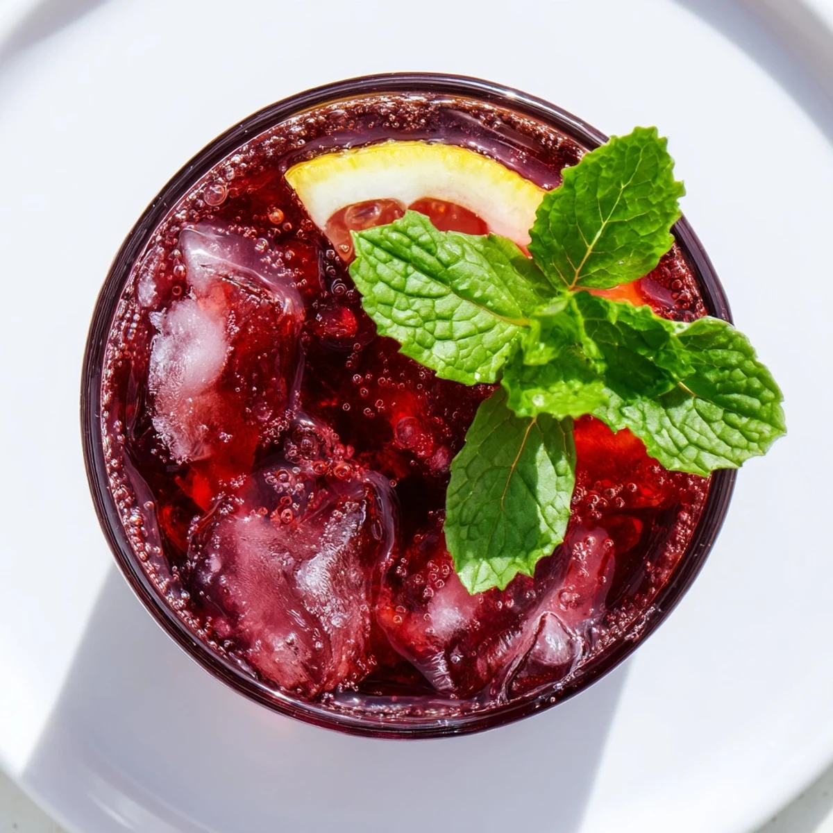 Sleepy Girl Cherry Mocktail, a vibrant red drink with mint and lemon, perfect for pre-bedtime sipping.