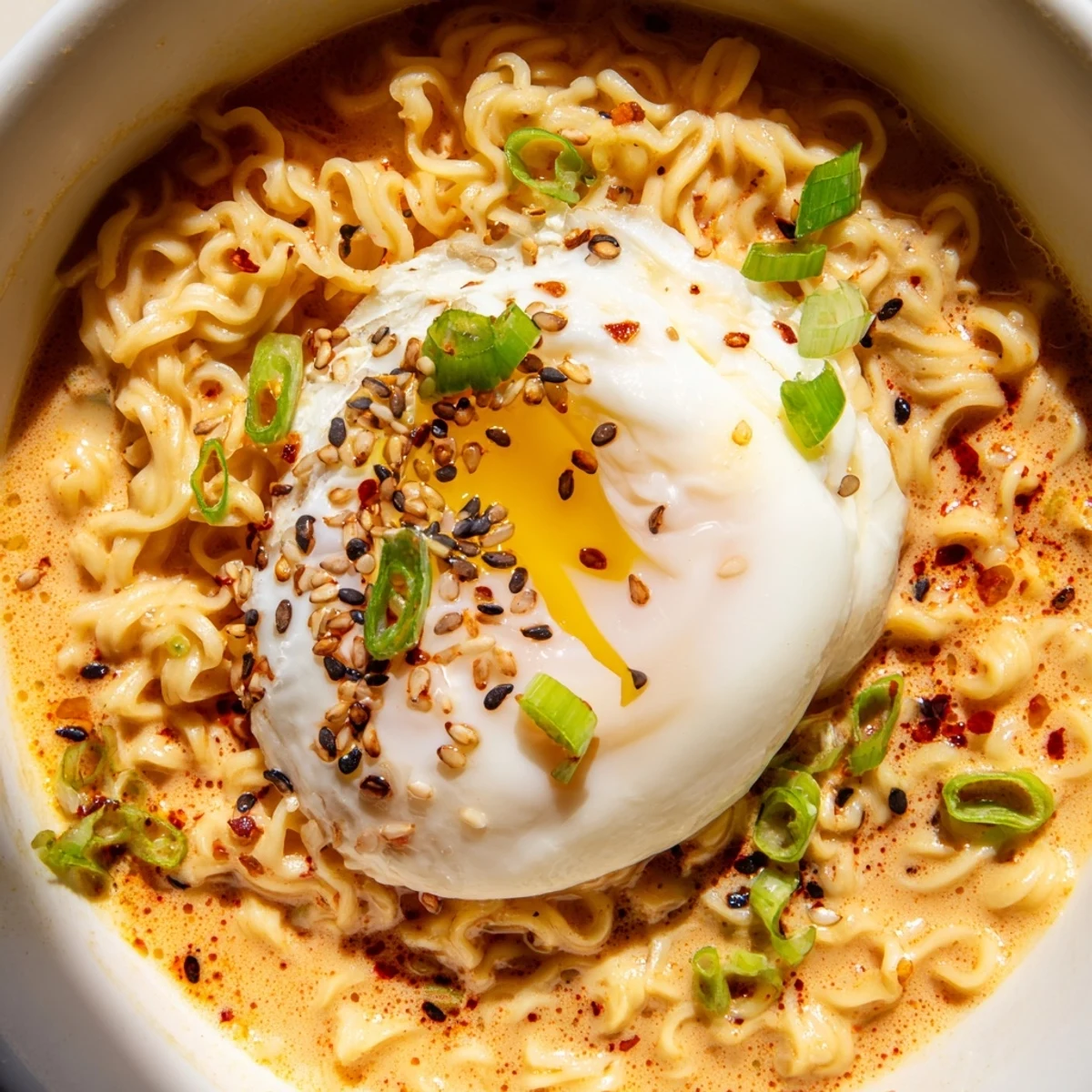 A creamy Instant Cheese Ramen bowl with a perfectly poached egg, ready to eat and enjoy.