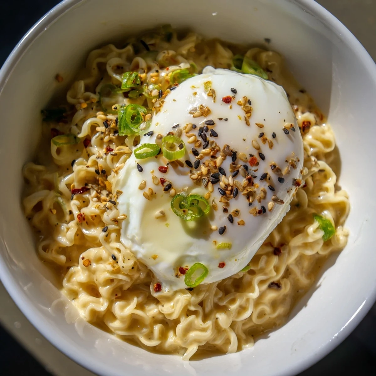 Steaming Instant Cheese Ramen with a rich cheese sauce, garnished with green onions and sesame seeds.
