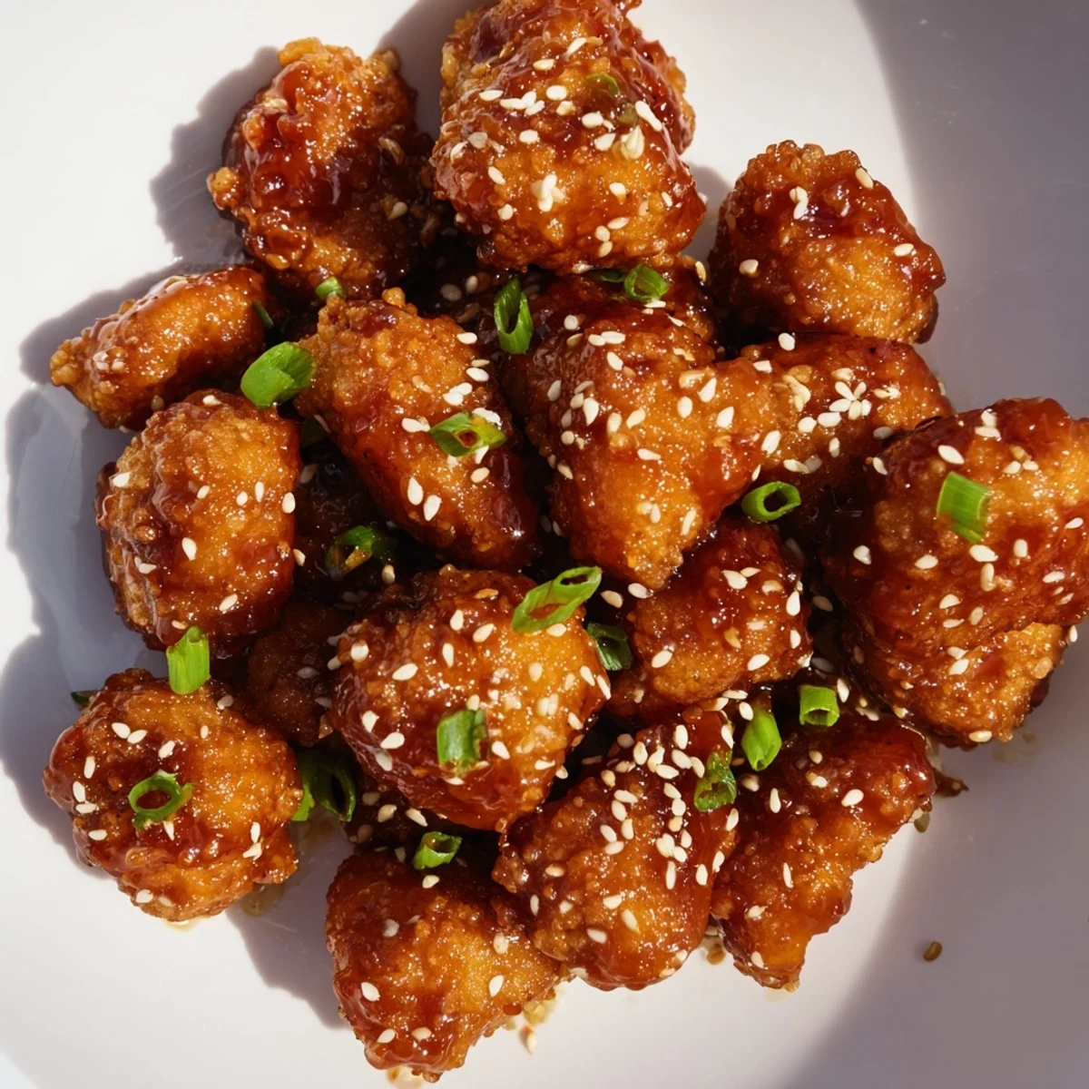A close-up view of perfectly fried Honey-Sriracha Chicken Bites, delightfully coated and ready to eat.