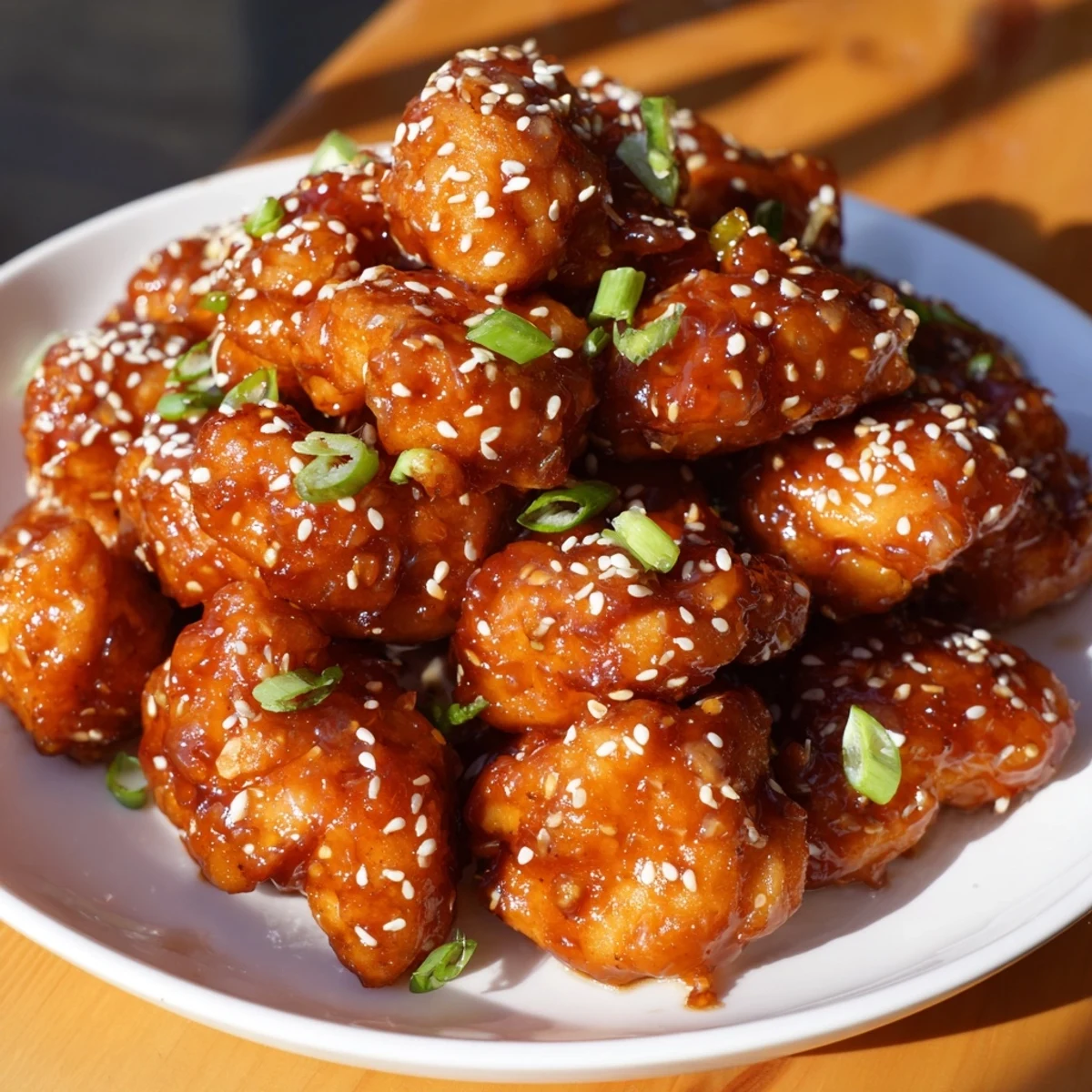 Crispy, golden Honey-Sriracha Chicken Bites are glazed in a spicy, glistening sauce, ready to serve.
