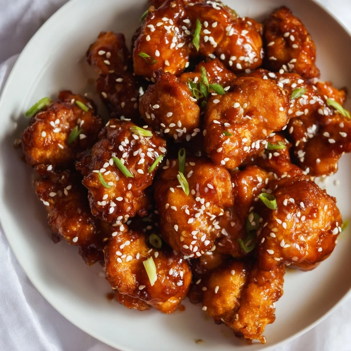 These delicious Honey-Sriracha Chicken Bites are glistening, and garnished with sesame seeds and chives.