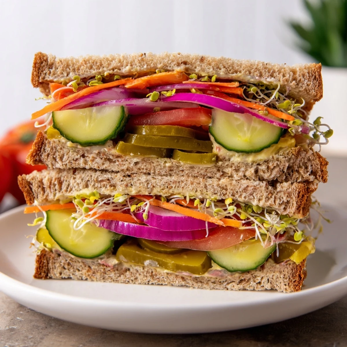 The Crunchy Dill Pickle Sandwich features vibrant layers of crunchy pickles, vegetables, and creamy spread on toasted bread.