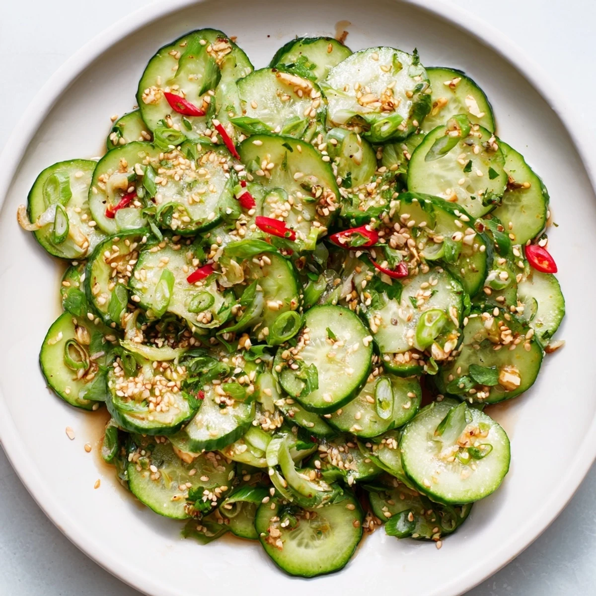 Tangy Shaken Asian-Style Cucumber Salad with vibrant green cucumbers visible, ready to eat.