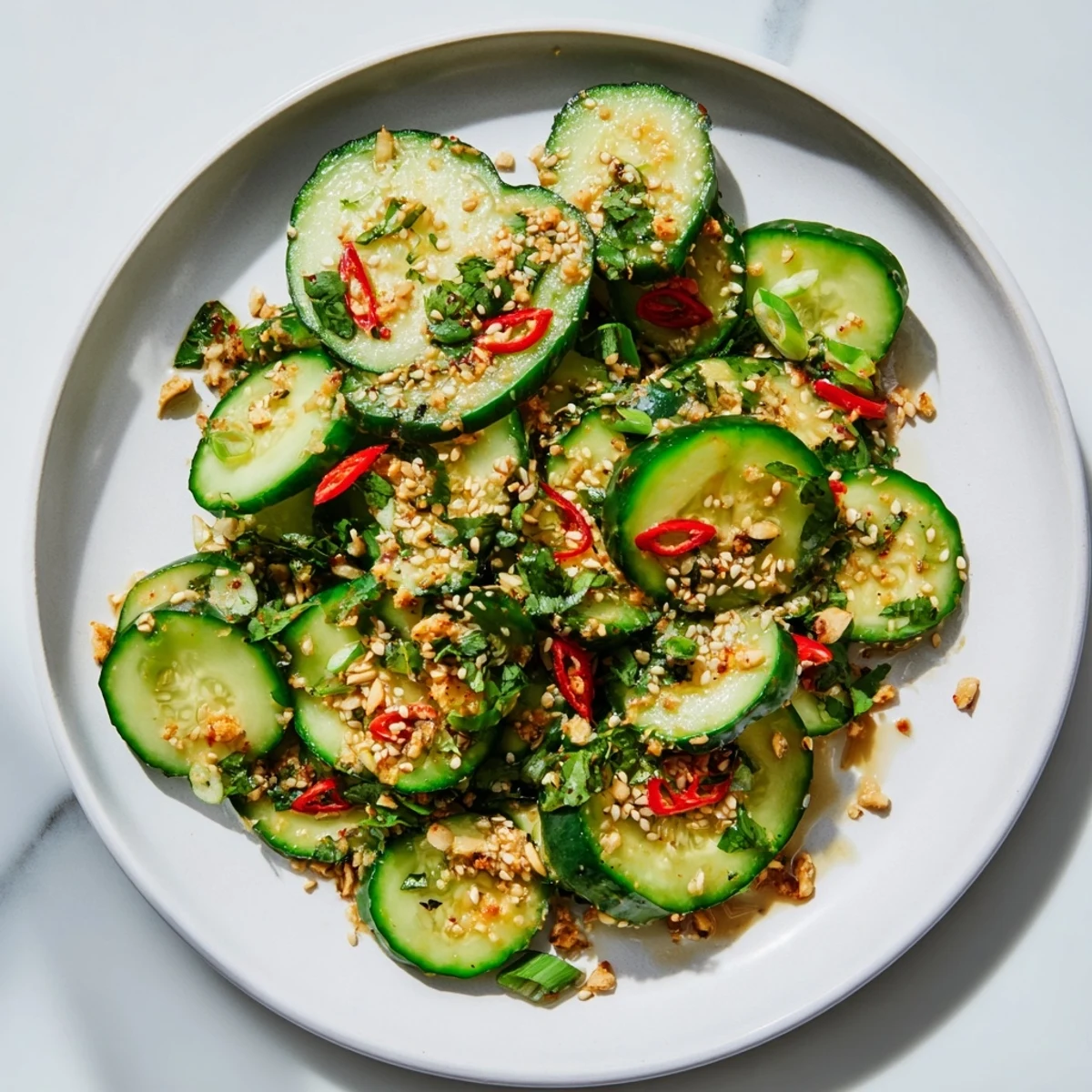 Freshly made Tangy Shaken Asian-Style Cucumber Salad with visible cucumbers, spring onions; a perfect side dish.