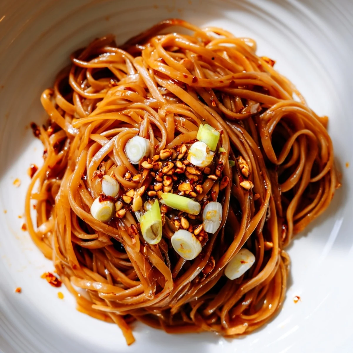 Steaming bowl of Garlic Chili Oil Noodles with bright green scallions and sesame seeds on top.