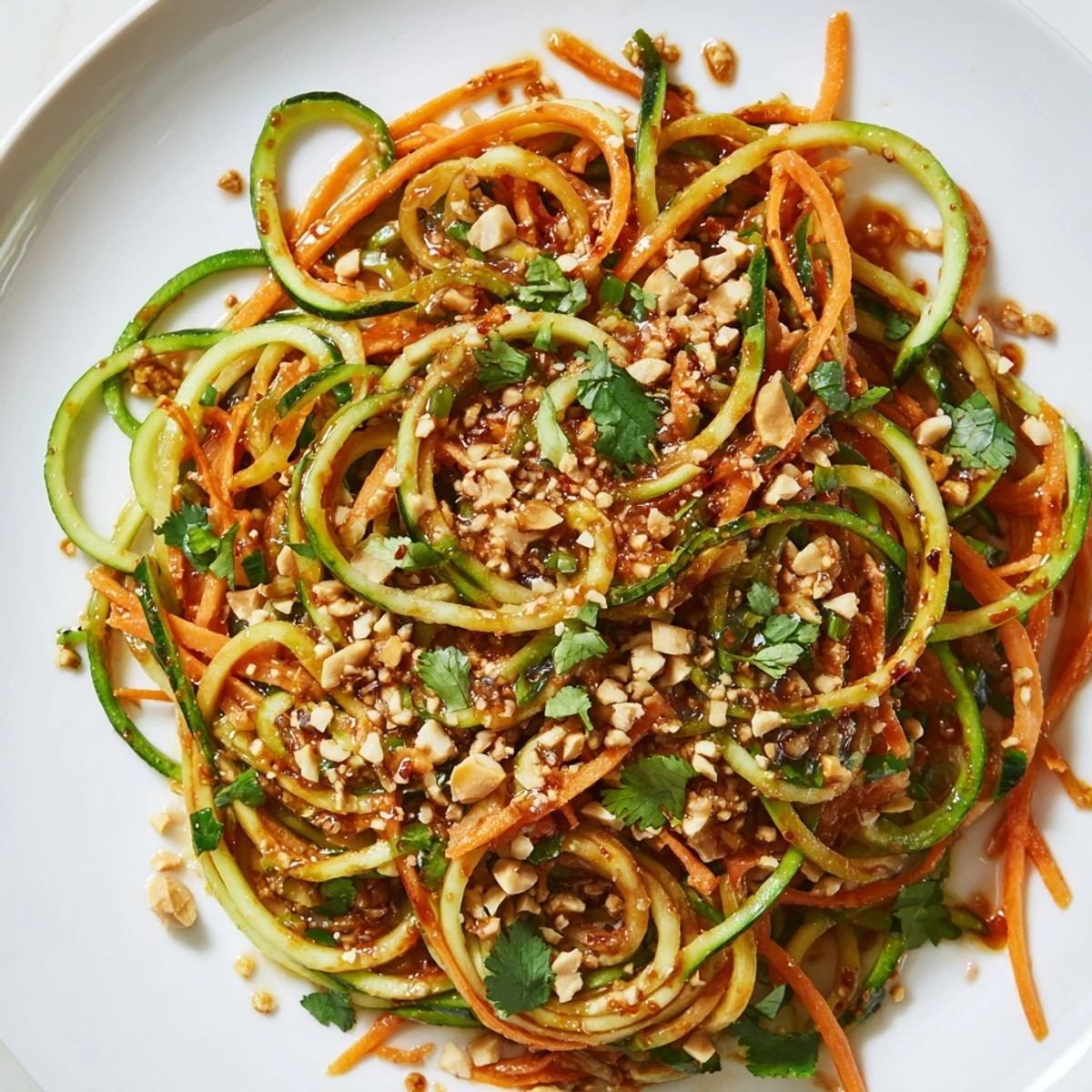 Spicy cucumber noodle bowl, a vibrant mix of spiralized cucumbers and zesty chili sauce in a bowl.