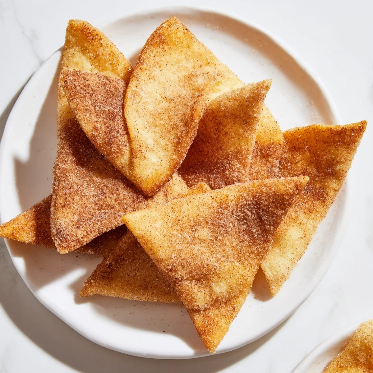 Close-up of freshly air-fried cinnamon sugar tortilla chips, perfect for dipping.