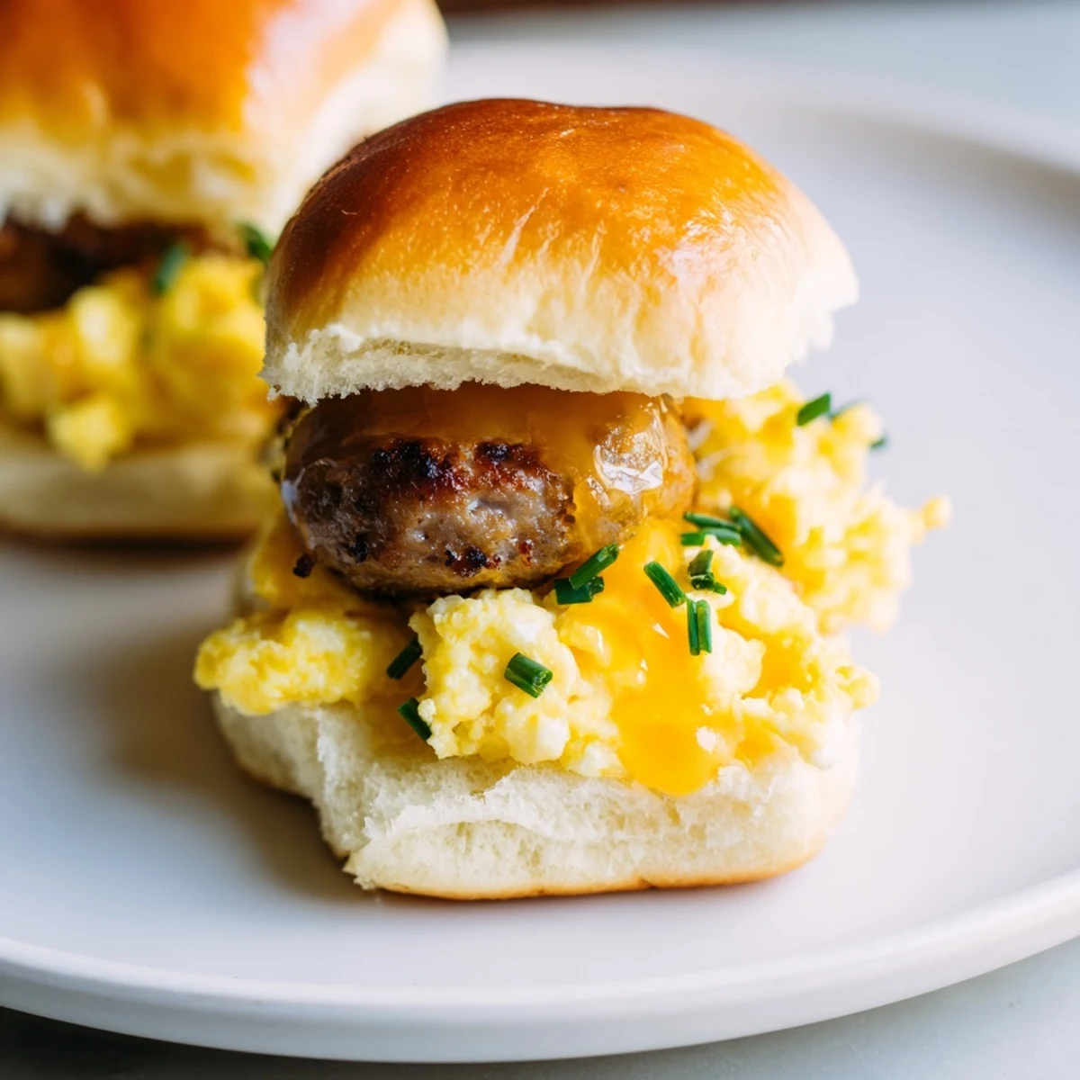 Golden, melty cheddar cheese and savory sausage layer the mini breakfast sliders atop toasted buns.