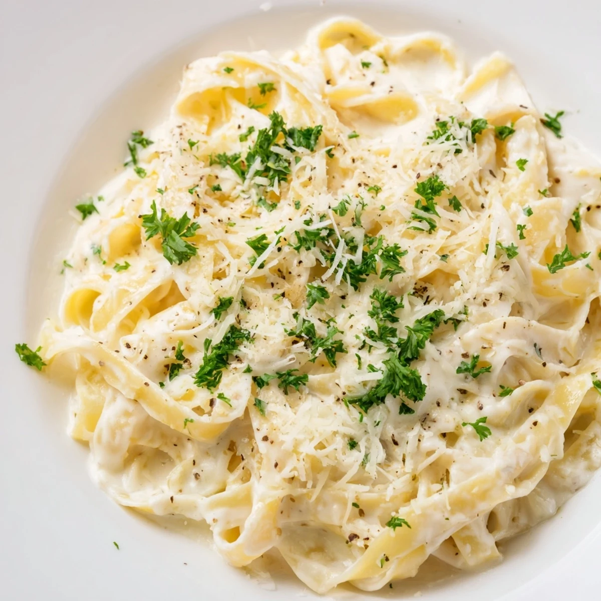 Creamy Pasta Alfredo Cottage Hack, swirled with Parmesan and fresh parsley, a comforting dinner.