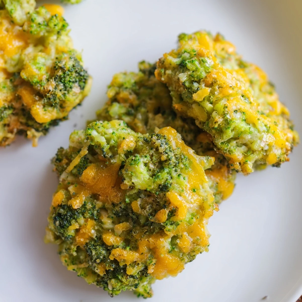 Crispy cheesy broccoli patties, showing a close-up of the melted cheese and perfectly fried edges, perfect for dipping.