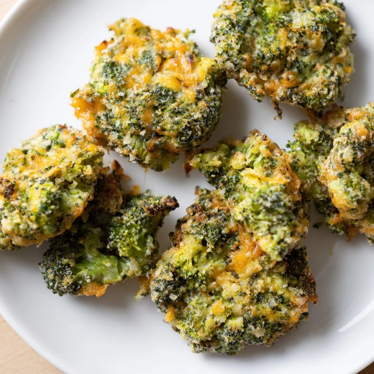 Golden-brown, cheesy broccoli patties served on a plate, a delightful vegetarian appetizer, ready to eat.