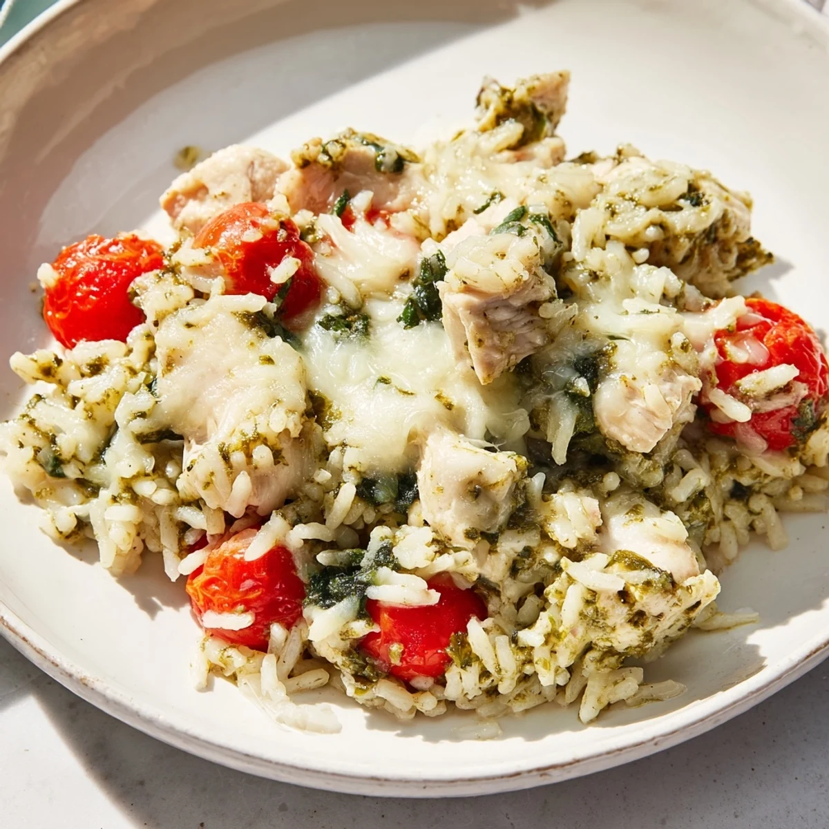 Steaming, creamy Chicken Pesto Rice Bake with golden cheese and juicy cherry tomatoes, a perfect meal.