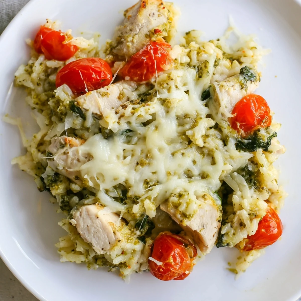 Baked Chicken Pesto Rice Bake bubbling with mozzarella, a comforting Italian-inspired casserole for dinner tonight.