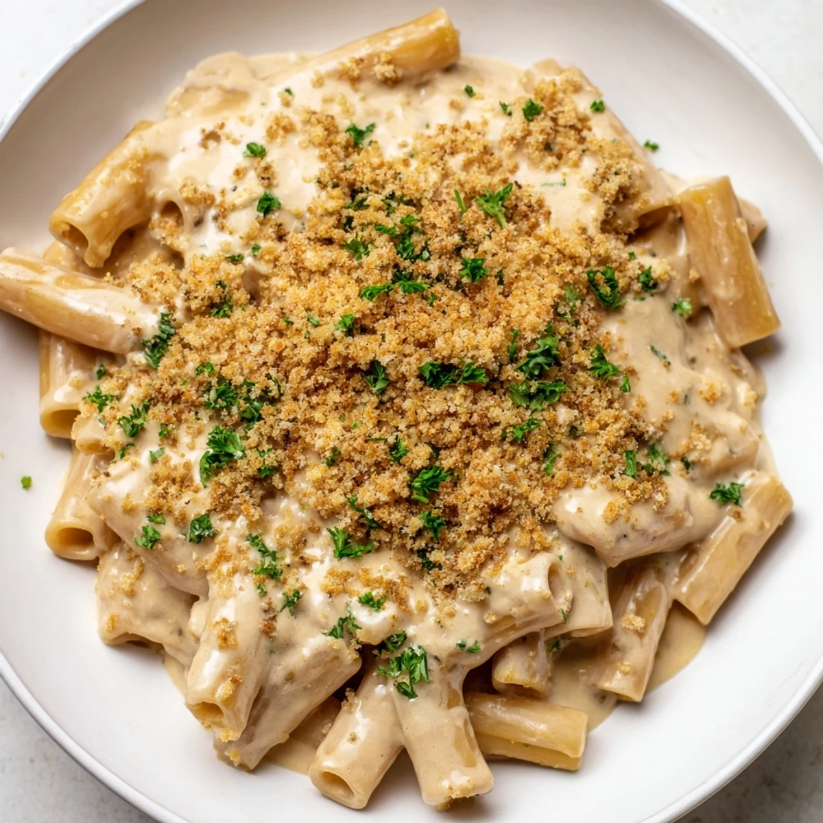 High-protein mac & cheese, a creamy, cheesy bowl, ready and hot, with parsley garnish.