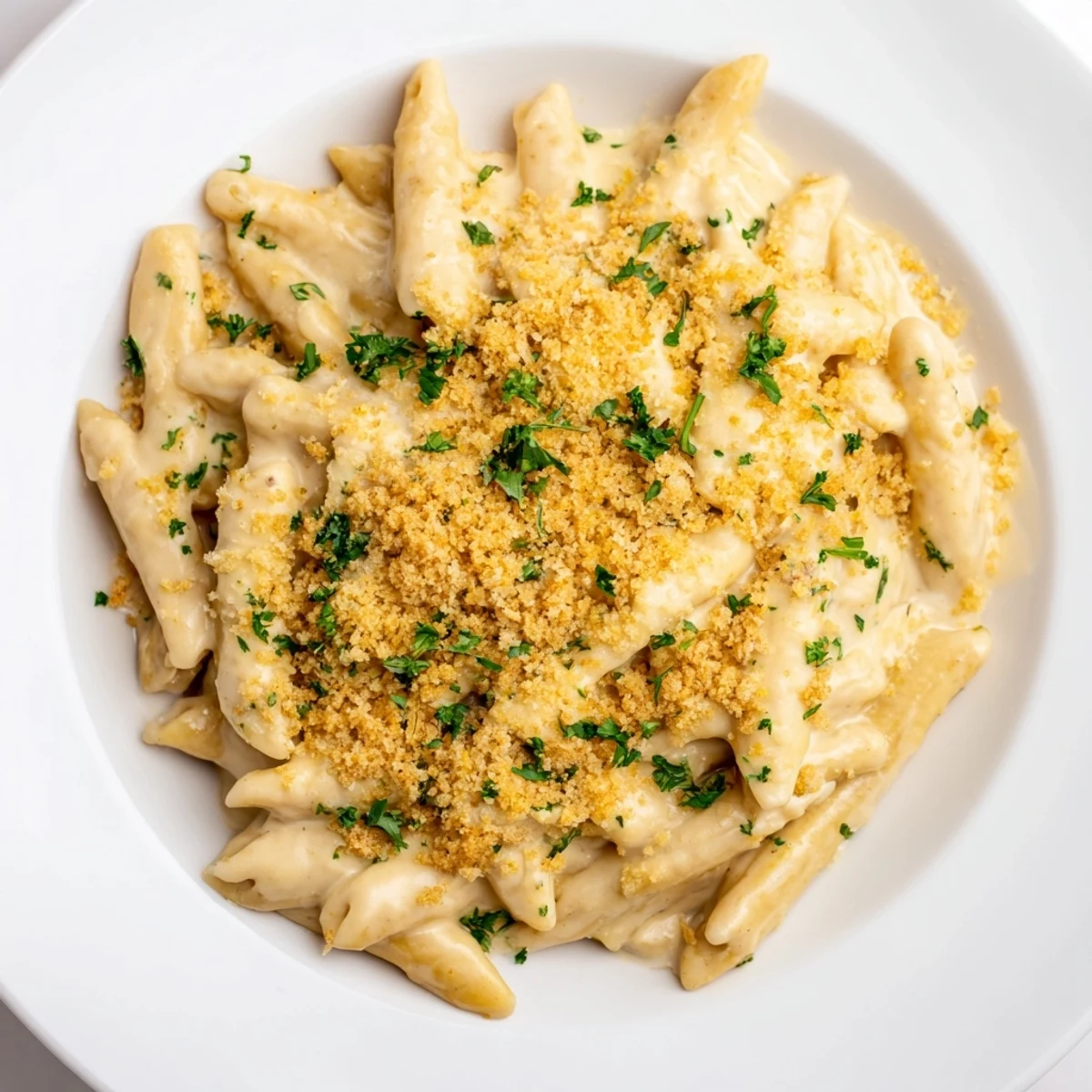 Cottage cheese blended into a rich sauce covers the high-protein mac & cheese, topped and baked, giving it that golden brown.