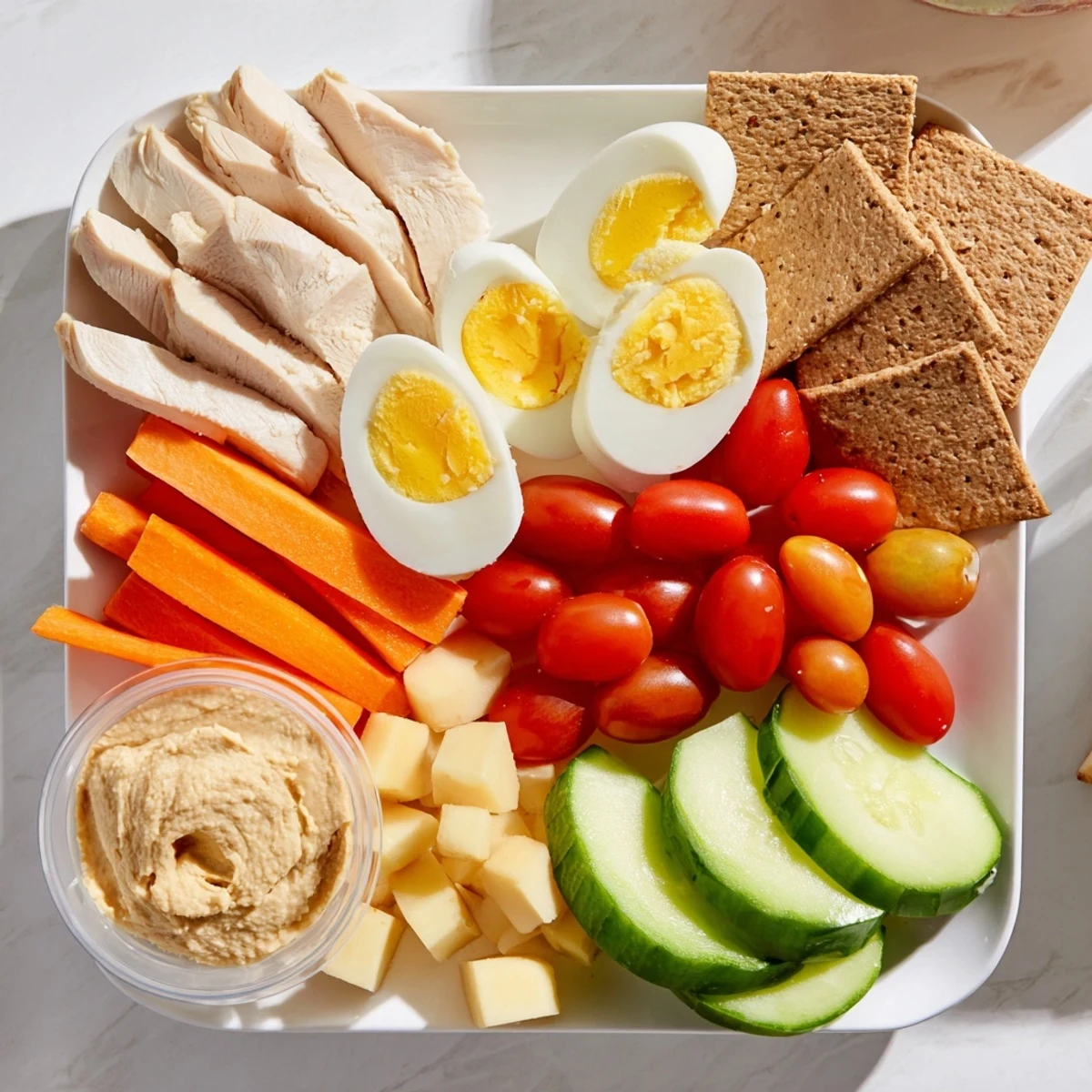 Delicious Protein Snack Boxes meal prep: a healthy lunch of sliced meats, vibrant vegetables, and crackers.