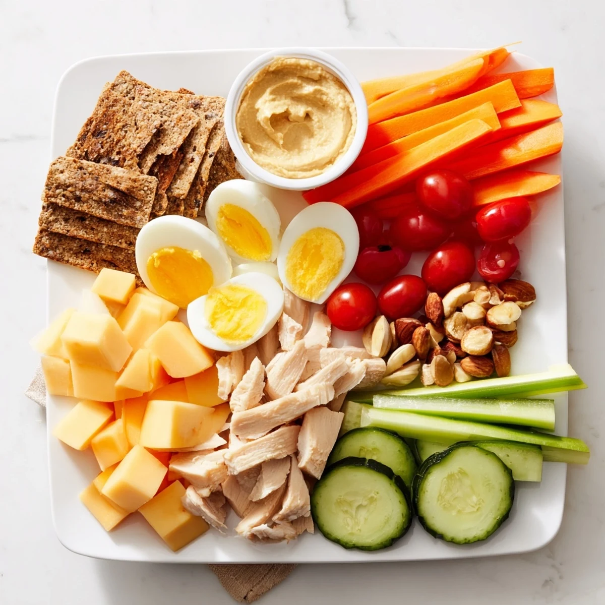 A colorful Protein Snack Boxes assortment: chicken, cheese, veggies, and hummus ready to be enjoyed.