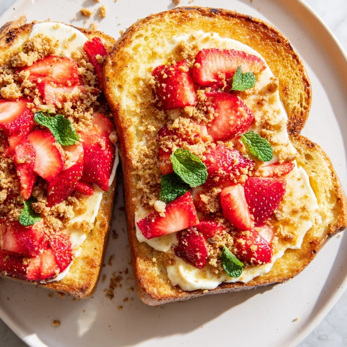 Strawberry Cheesecake Toast: golden, toasted bread topped with sweet cream cheese and juicy, fresh strawberries.
