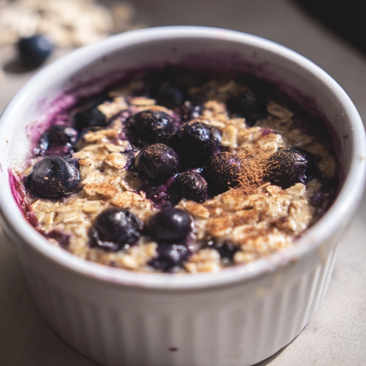 Golden-brown Blueberry Baked Oats with vibrant blueberries, ready for a comforting breakfast.