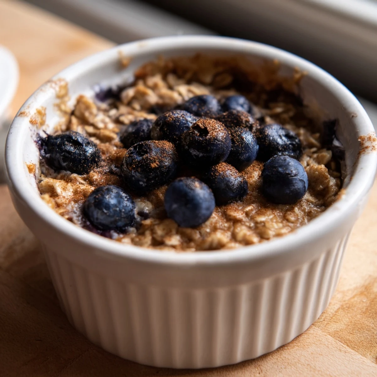 A close-up of a ramekin filled with delicious, baked blueberry oats and juicy berries.