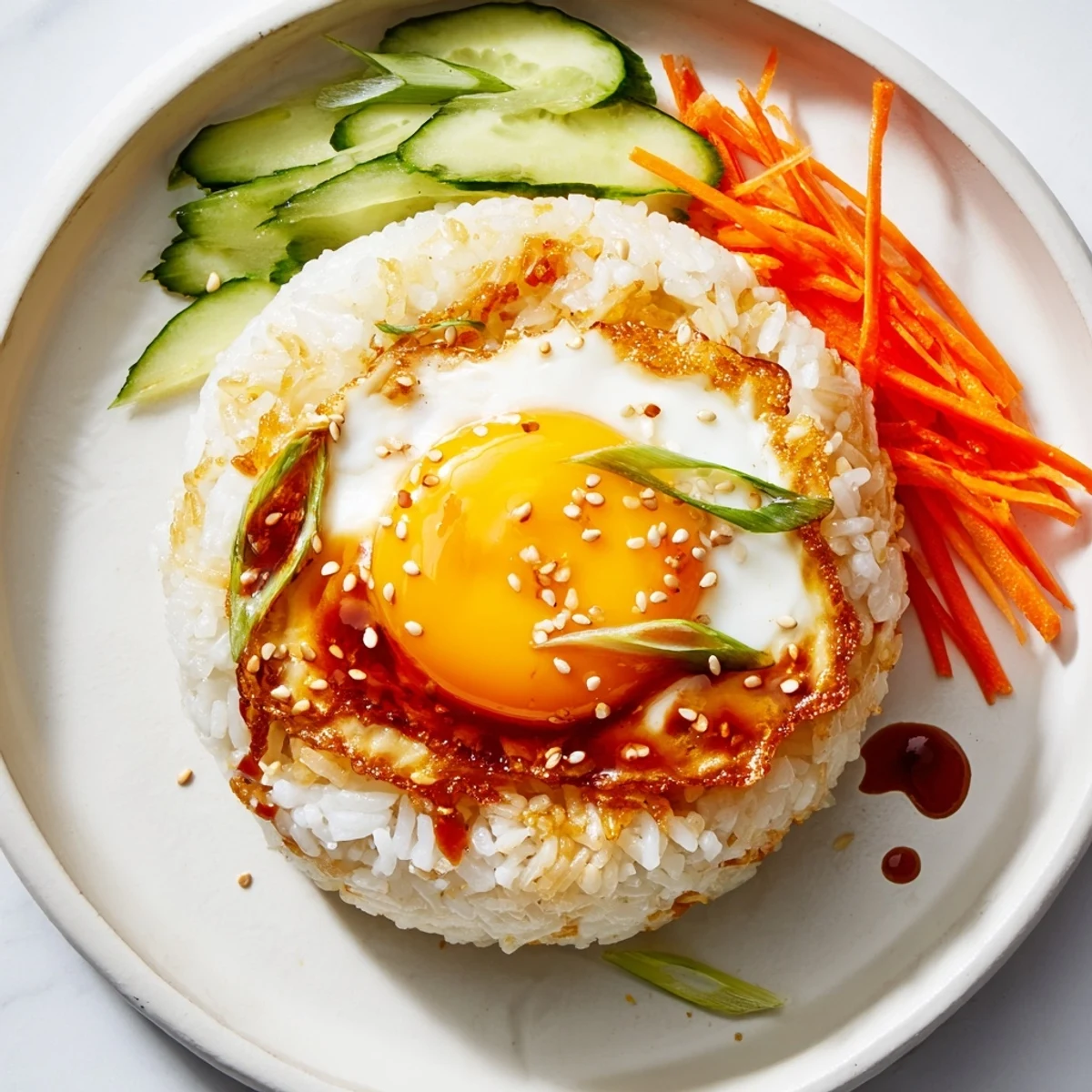 Golden, crispy egg rice bowl: a perfectly fried egg sits atop flavorful, crunchy rice.