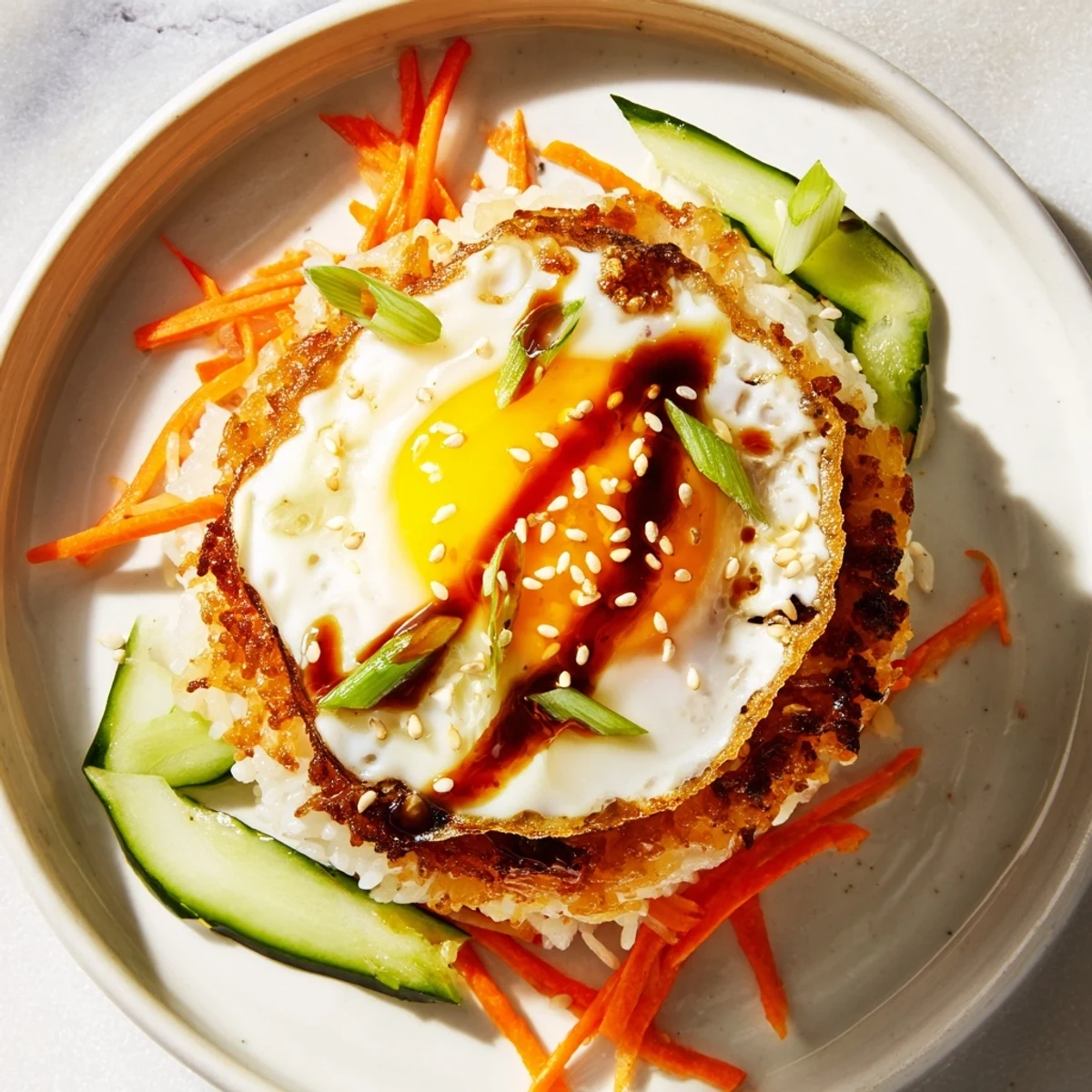 This crispy egg rice bowl features a golden crust on the rice, perfect with a runny yolk.