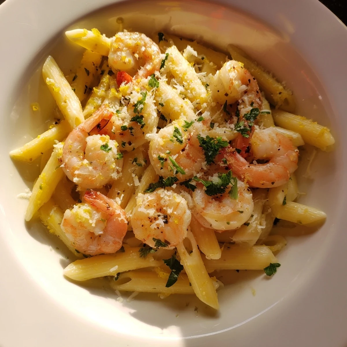 Close-up photo of Garlic Shrimp Penne, a flavorful pasta dish with golden shrimp and herbs.