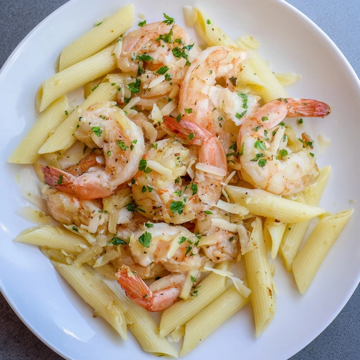 Tender Garlic Shrimp Penne tossed with Parmesan cheese, ready to be served and enjoyed at dinner.