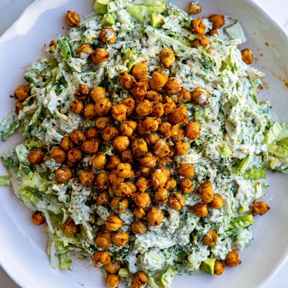 A bright bowl of Green Goddess Salad topped with crispy, golden chickpeas, perfect for lunch.