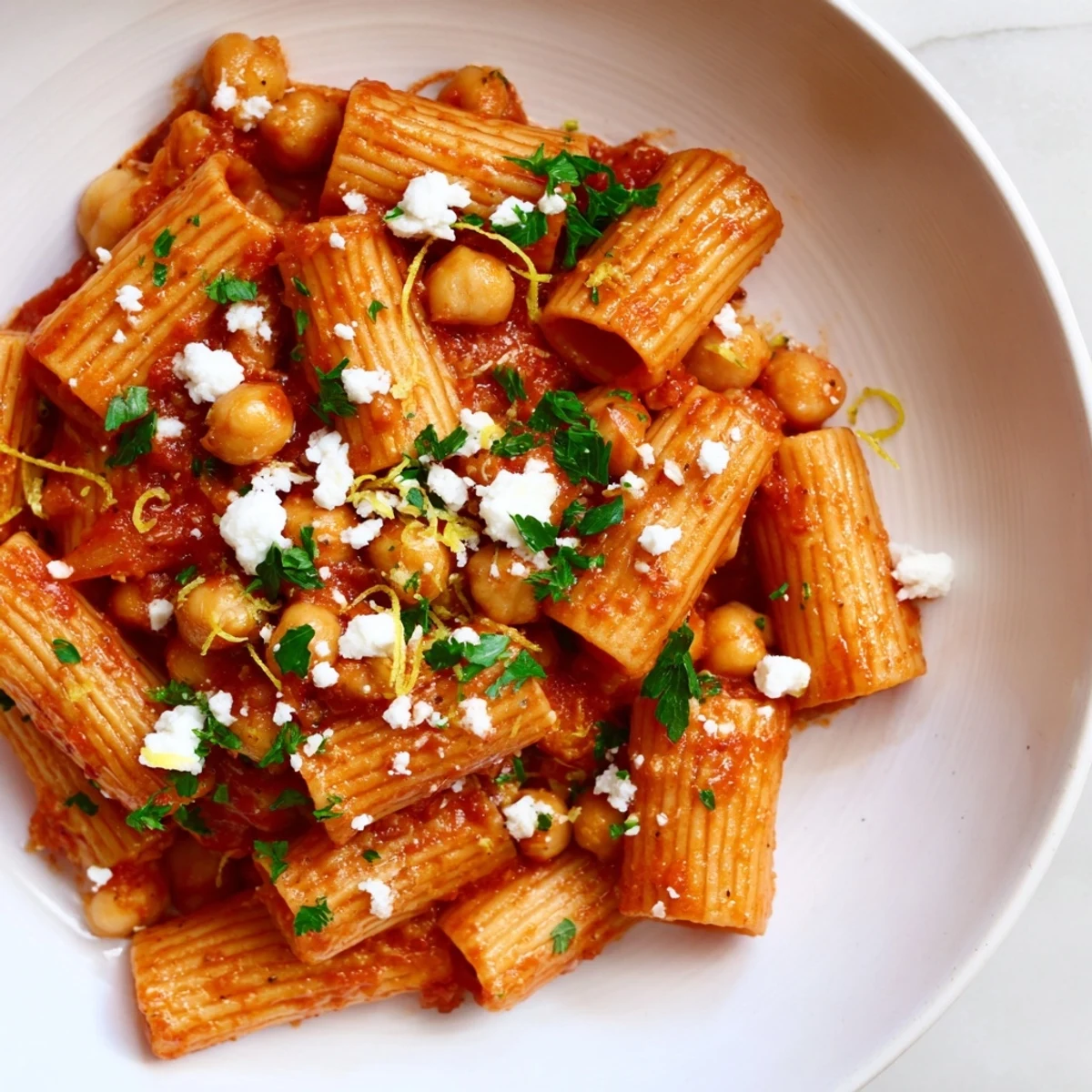 Steaming bowl of Harissa Chickpea Pasta, bright red sauce coating penne pasta, garnished with fresh herbs.