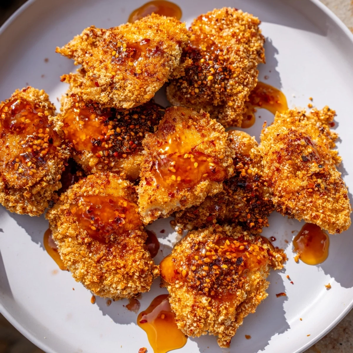 Golden-brown, crispy Hot Honey Crispy Chicken Thighs glistening with a sweet and spicy honey glaze.