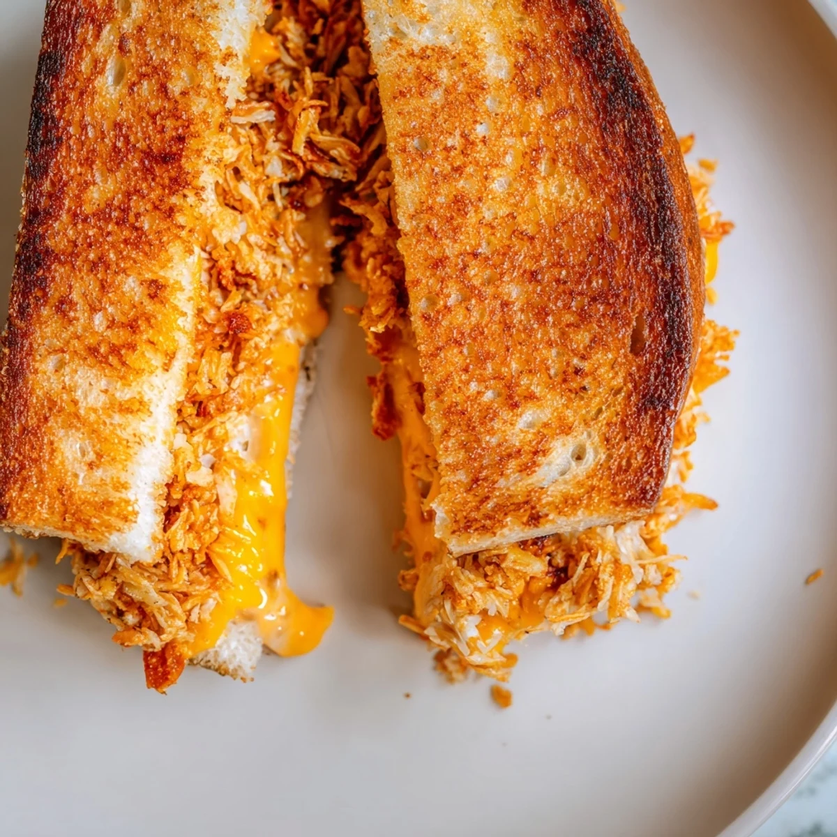 Golden, melty Spicy Crispy Chicken Sandwich Grilled Cheese, packed with spicy chicken and oozing cheese.