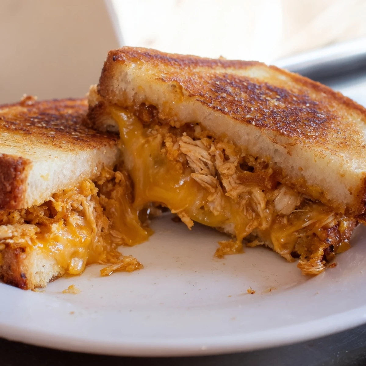 A close-up shot of a perfect Spicy Crispy Chicken Sandwich Grilled Cheese, ready to eat alongside crunchy sides.
