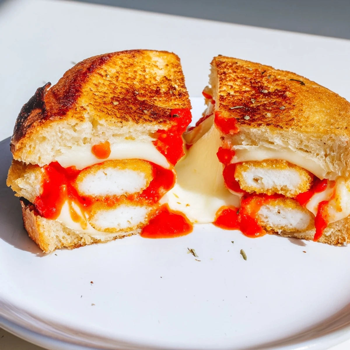 Melted mozzarella oozes from a golden-brown Mozzarella Stick Grilled Cheese sandwich, a satisfying meal.