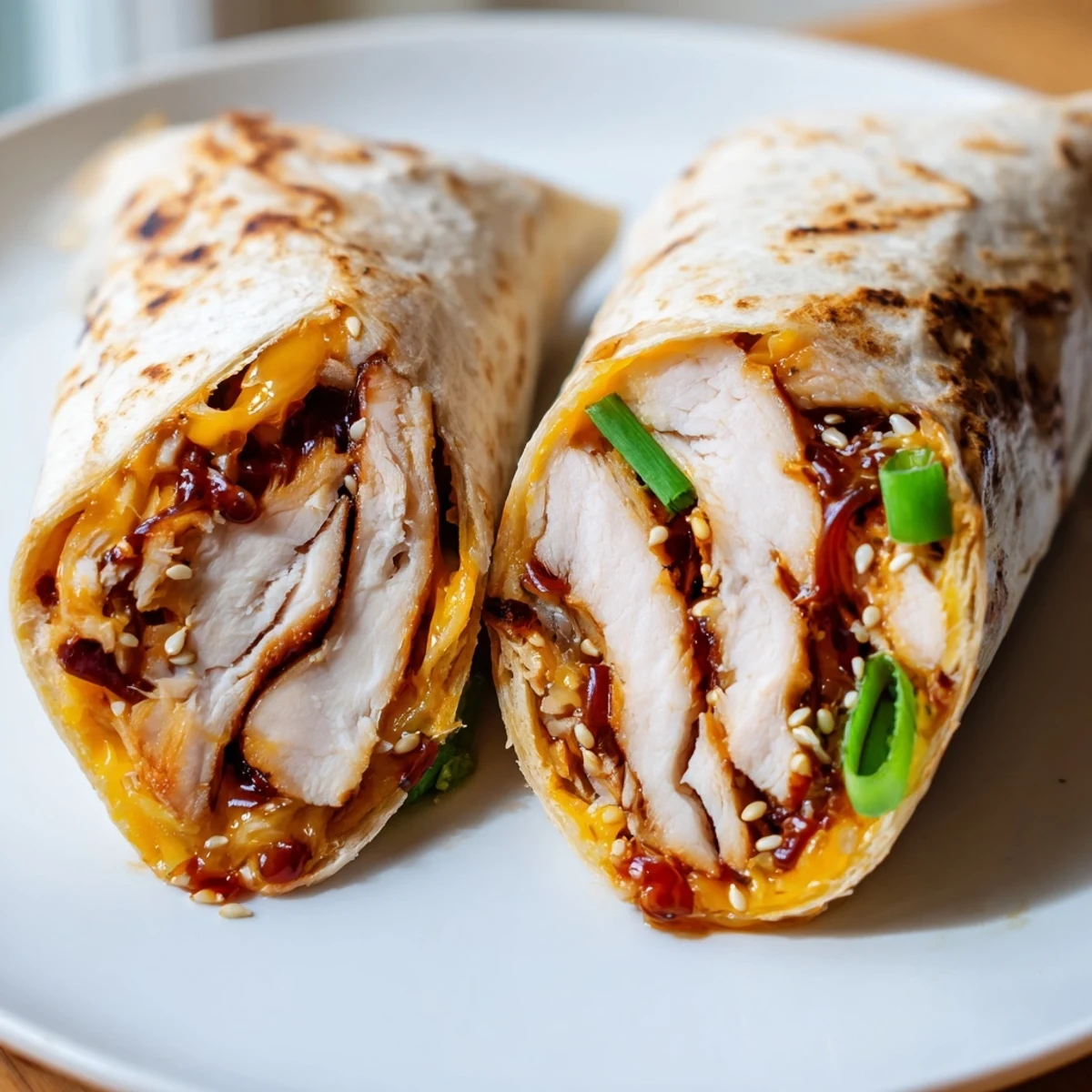 Mouthwatering close-up of a perfectly grilled Korean BBQ Chicken Wrap Grilled Cheese, served with fresh scallions.