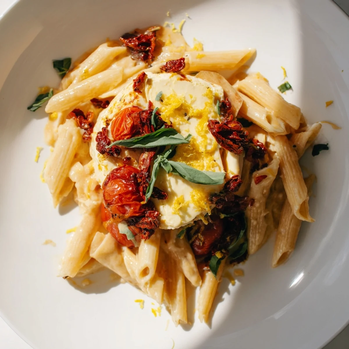 Tempting Baked Feta Pasta with Sun-Dried Tomatoes, a vegetarian delight, is perfectly baked and saucy.
