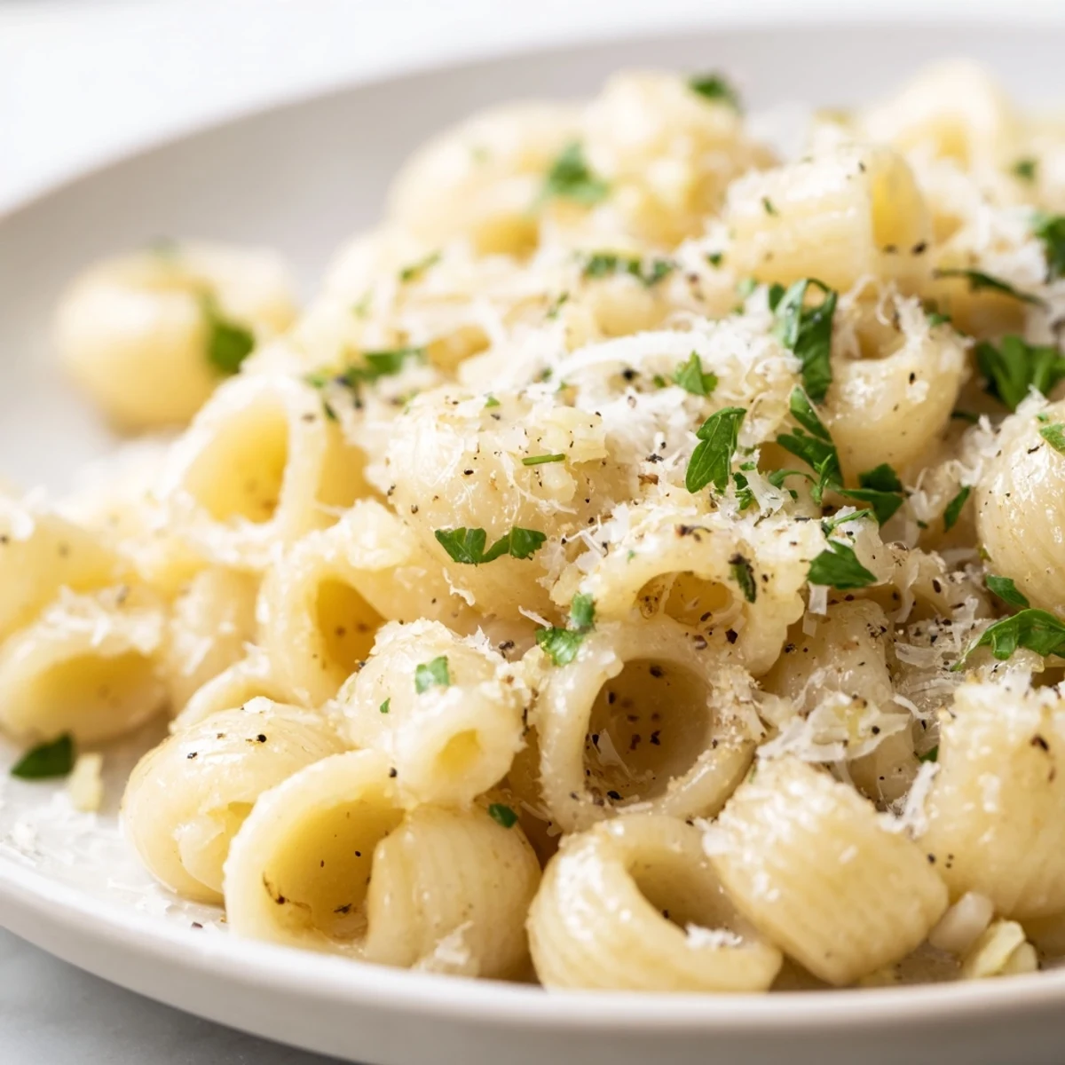 Golden strands of 15-Minute Creamy Garlic Butter Ditalini pasta swimming in a rich, velvety garlic sauce.
