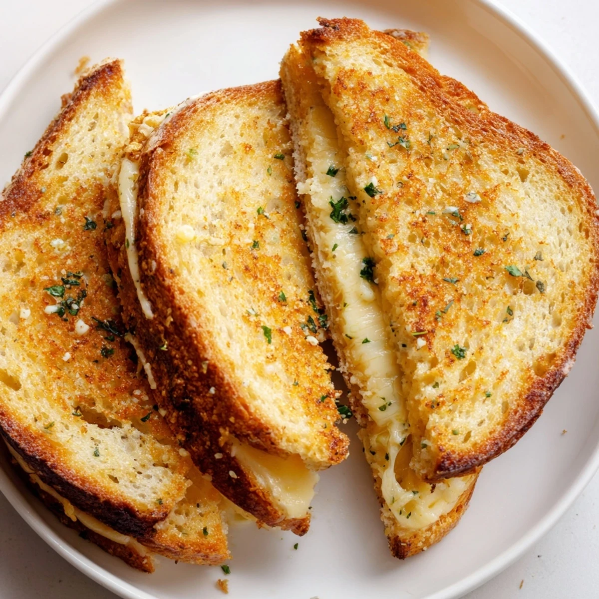 Golden brown Garlic Butter Mayo Grilled Cheese, with melted cheese oozing between crispy, toasted sourdough.
