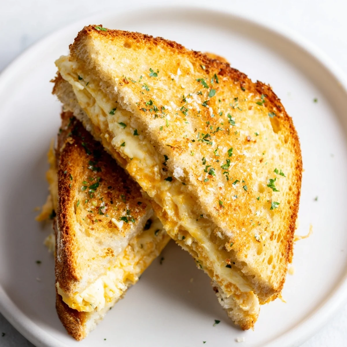 A close-up of a perfectly cooked Garlic Butter Mayo Grilled Cheese, ready to be sliced and enjoyed.