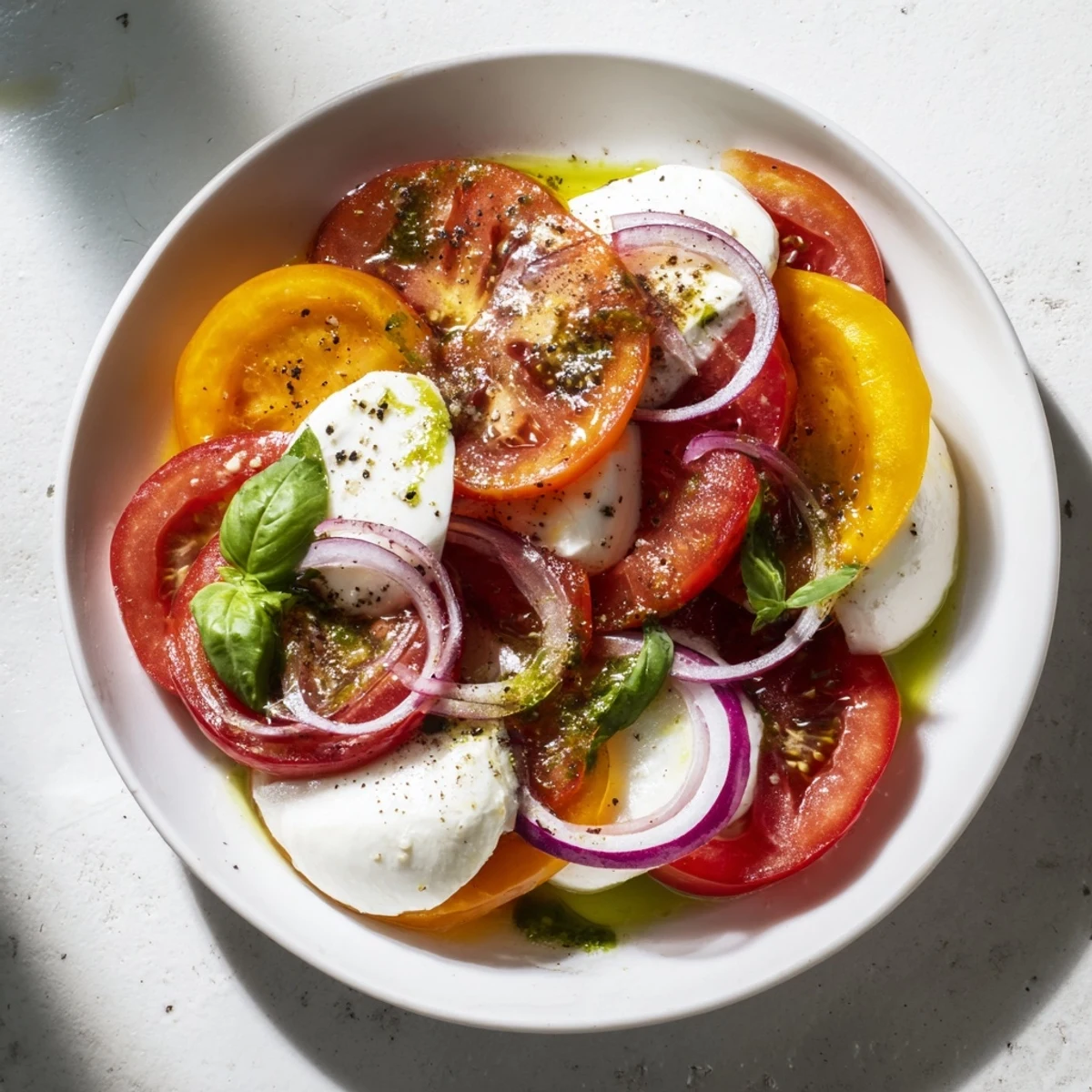 Vibrant Summer Tomato Salad with basil oil boasts juicy tomatoes and creamy mozzarella.